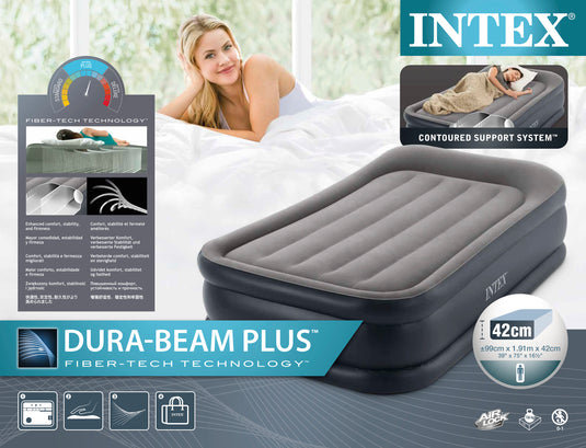 Intex Twin Deluxe Pillow Rest Airbed with Fiber Tech & Built In Pump